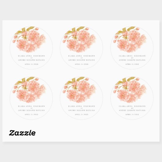 Bruiloft perzikbloesem bloemengebruik ronde sticker (Vel)