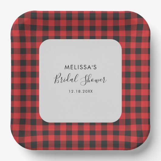 Bruiloft Plaid Zwart Rood Buffalo Plaid Rustiek Papieren Bordje (Voorkant)