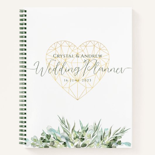 Bruiloft Planner Elegant Wit Goud Hart Bladgroen Notitieboek (Voorkant)