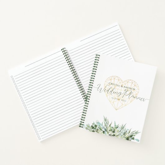 Bruiloft Planner Elegant Wit Goud Hart Bladgroen Notitieboek (Binnen)