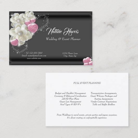 Bruiloft Planner Witte Rozen Roze Harten Sparkle Visitekaartje (Voorkant / Achterkant)