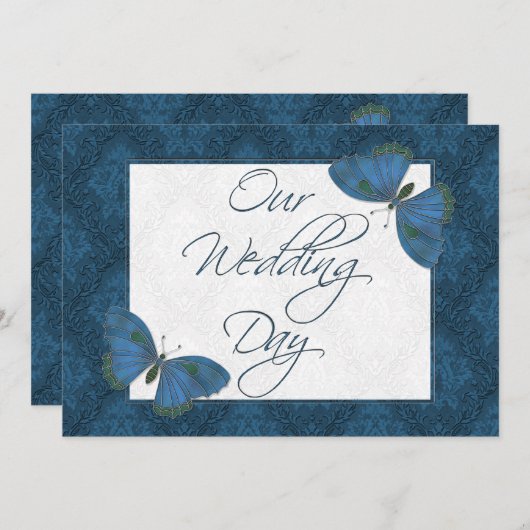 Bruiloft Platte uitnodiging Vlinder Brocade blauw (Voorkant / Achterkant)