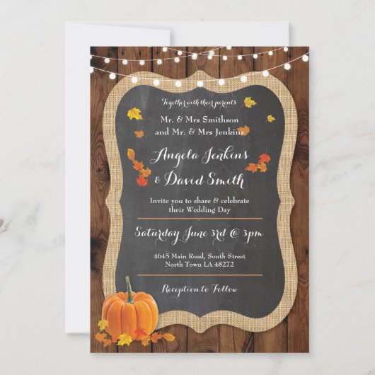 Bruiloft Pompoen Herfst Houten Krijt Feestuitnodig Kaart (Voorkant)