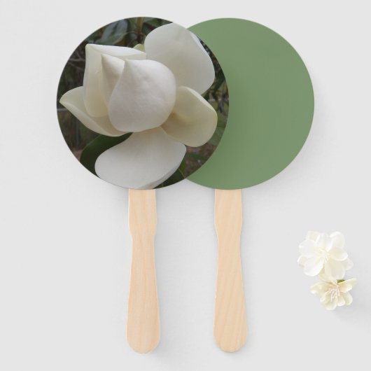 Bruiloft programma fan met witte magnolia bloem handwaaier (Voorkant en achterkant)