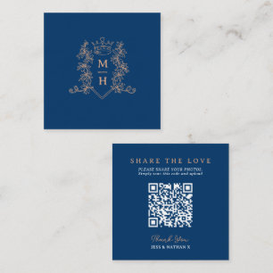 Bruiloft QR delen liefde hart kroon blauw monogram Informatiekaartje