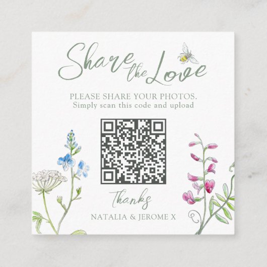 Bruiloft QR foto delen wildflower monogram Informatiekaartje (Achterkant)