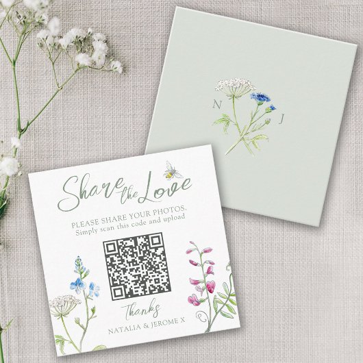 Bruiloft QR foto delen wildflower monogram Informatiekaartje