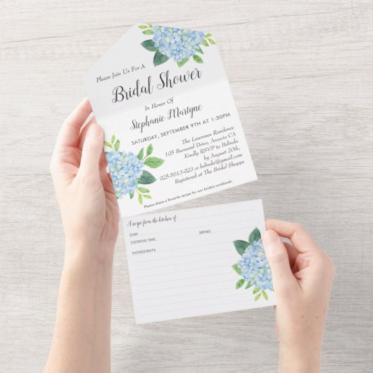 Bruiloft Recept Blauw Hydrangea All In One Uitnodiging (Afscheurbaar)