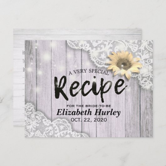 Bruiloft Recept Kant Zonnebloem Houten Lichtjes Uitnodiging Briefkaart (Voorkant / Achterkant)