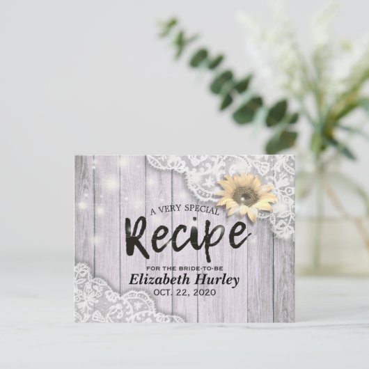 Bruiloft Recept Kant Zonnebloem Houten Lichtjes Uitnodiging Briefkaart (Staand voorkant)