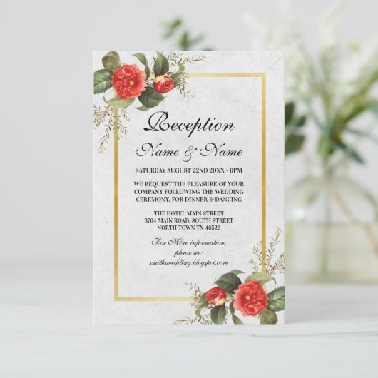 Bruiloft Receptie Bloemen Rood Goud Kerstmis Informatiekaartje (Staand voorkant)