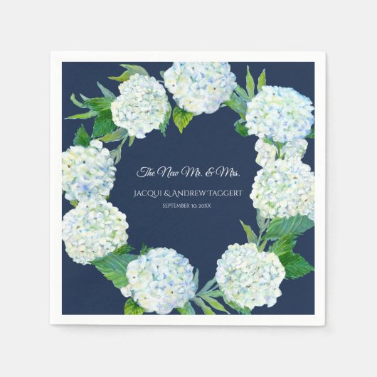 Bruiloft Receptie Decor Navy W White Hydrangea Art Servet (Voorkant)
