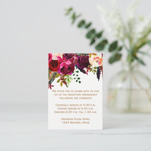 Bruiloft Receptie Kaart - Bourgogne Bloemen, Veren (Staand voorkant)