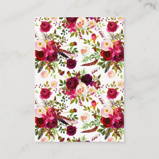 Bruiloft Receptie Kaart - Bourgogne Bloemen, Veren (Achterkant)