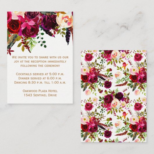 Bruiloft Receptie Kaart - Bourgogne Bloemen, Veren (Voorkant / Achterkant)