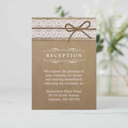Bruiloft Receptie Rustieke Burlap Kant String Bow Informatiekaartje (Staand voorkant)