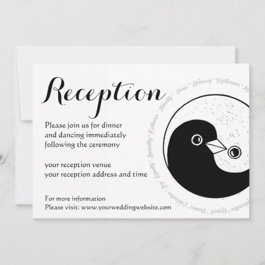 BRUILOFT RECEPTIE UITNODIGING. b/w YinYang duiven Kaart (Voorkant)