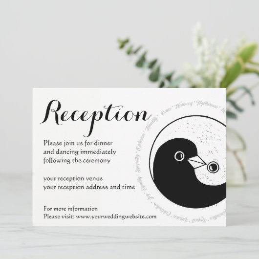 BRUILOFT RECEPTIE UITNODIGING. b/w YinYang duiven Kaart (Staand voorkant)