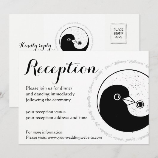 BRUILOFT RECEPTIE UITNODIGING. b/w YinYang duiven Kaart (Voorkant / Achterkant)