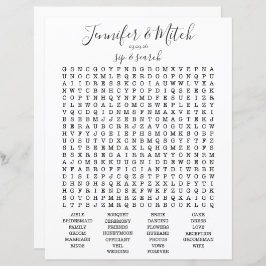 Bruiloft Receptie Woord Search Game, Aangepast spe (Voorkant / Achterkant)