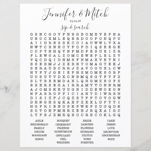 Bruiloft Receptie Woord Search Game, Aangepast spe (Voorkant)