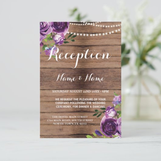 Bruiloft Reception Kaarten Rustic Paars Hout Bloem (Staand voorkant)