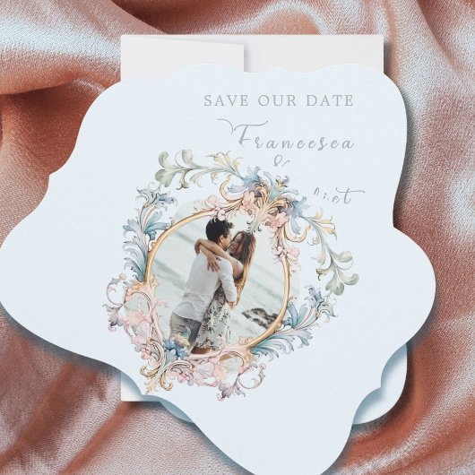 Bruiloft Regency Era Foto Blauw Monogram Save The Date