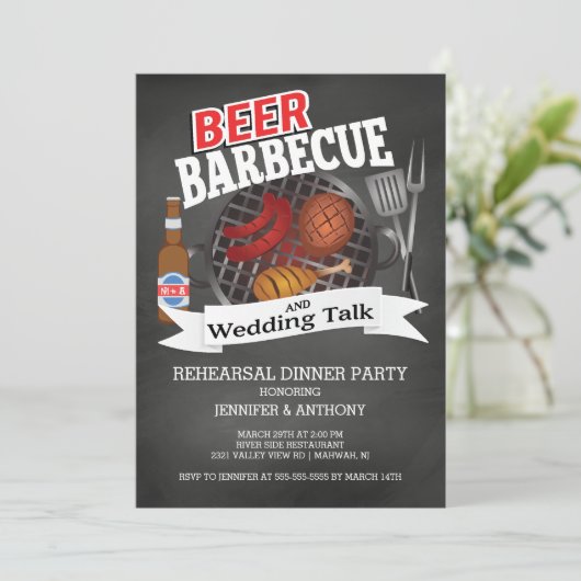 Bruiloft Rehearsal Party met Barbecue en Bier Kaart (Staand voorkant)