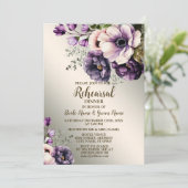 Bruiloft repetitie Diner Party Paarse roze bloemen Kaart (Staand voorkant)