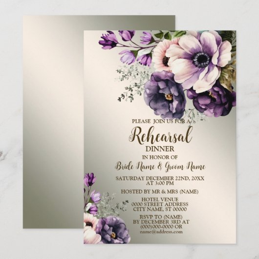 Bruiloft repetitie Diner Party Paarse roze bloemen Kaart (Voorkant / Achterkant)