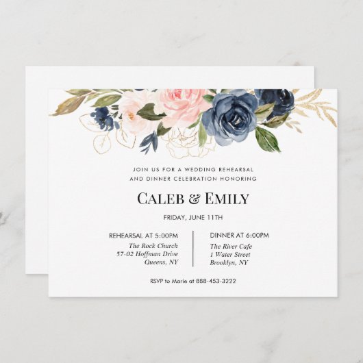 Bruiloft repetitie diner uitnodiging | Marine en B (Voorkant / Achterkant)