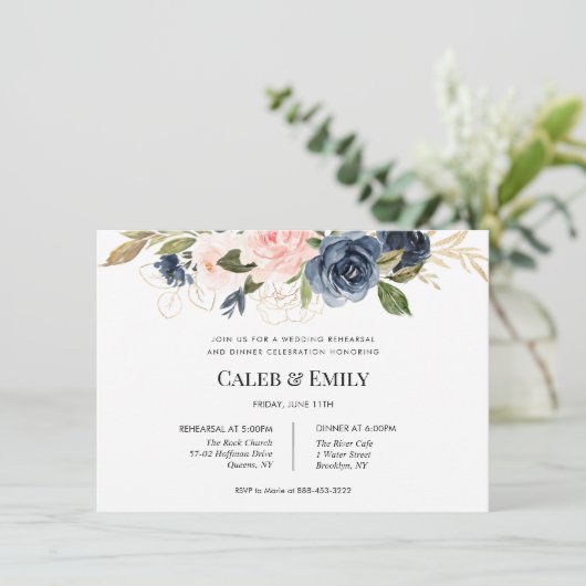 Bruiloft repetitie diner uitnodiging | Marine en B (Staand voorkant)