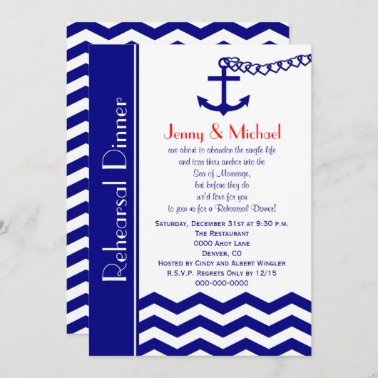 Bruiloft repetitie diner uitnodiging nautische mar (Voorkant / Achterkant)