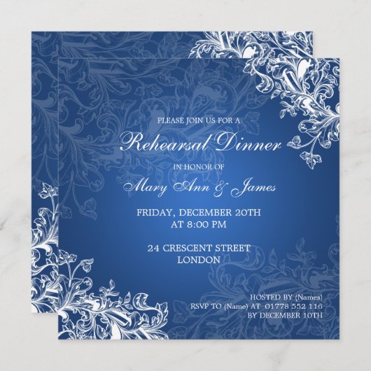 Bruiloft repetitie diner  wervelt blauw kaart (Voorkant / Achterkant)