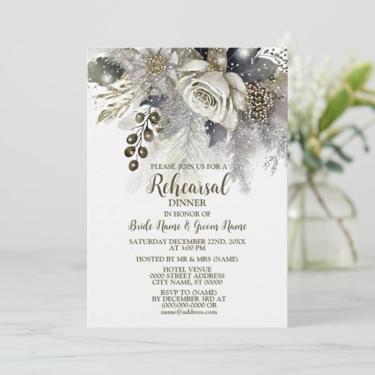 Bruiloft repetitie diner zilveren gouden witte roz kaart (Staand voorkant)