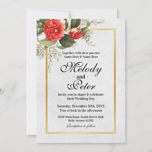 Bruiloft Rode Bloemen Goud Grijs Feestelijke Kerst Kaart (Voorkant)