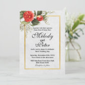 Bruiloft Rode Bloemen Goud Grijs Feestelijke Kerst Kaart (Staand voorkant)