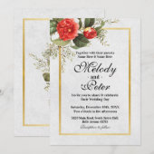 Bruiloft Rode Bloemen Goud Grijs Feestelijke Kerst Kaart (Voorkant / Achterkant)