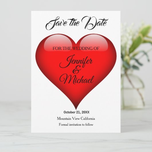 Bruiloft Rode Hart Moderne Minimalistische Plain Save The Date (Staand voorkant)