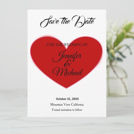 Bruiloft Rode Hart Moderne Minimalistische Plain Save The Date (Staand voorkant)