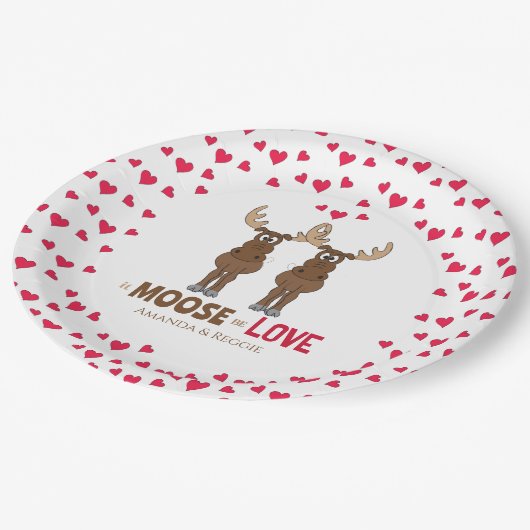 Bruiloft rode harten Schattige Moose Whimsical Cus Papieren Bordje (Gekanteld)