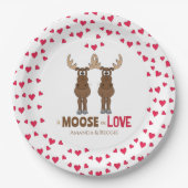 Bruiloft rode harten Schattige Moose Whimsical Cus Papieren Bordje (Voorkant)