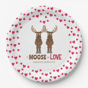 Bruiloft rode harten Schattige Moose Whimsical Cus Papieren Bordje