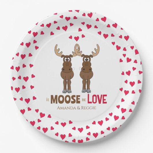 Bruiloft rode harten Schattige Moose Whimsical Cus Papieren Bordje (Voorkant)