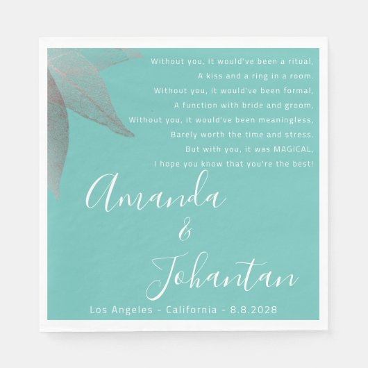 Bruiloft Roos Dank gedicht Bloemen naam Servet (Voorkant)