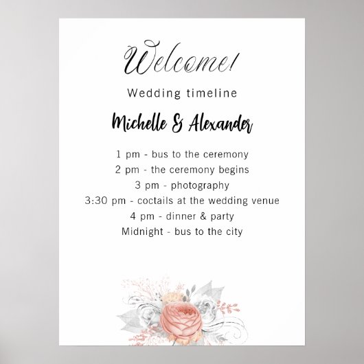 Bruiloft roos gouden bloemen programma tijdlijn poster (Voorkant)