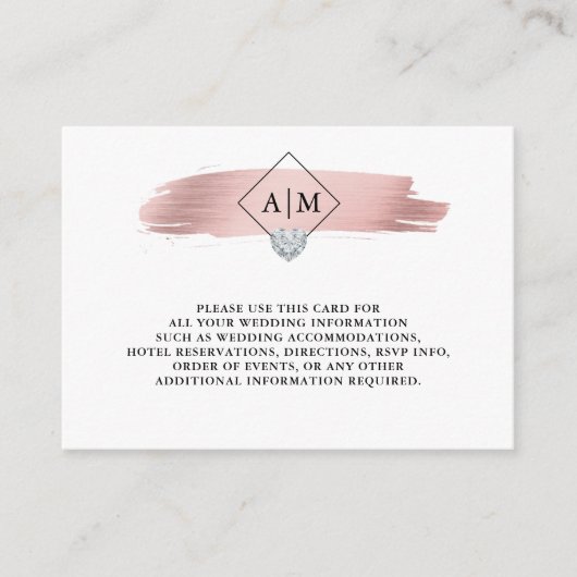 Bruiloft Roos Gouden Folie Hart Monogrammen DETAIL Informatiekaartje (Voorkant)