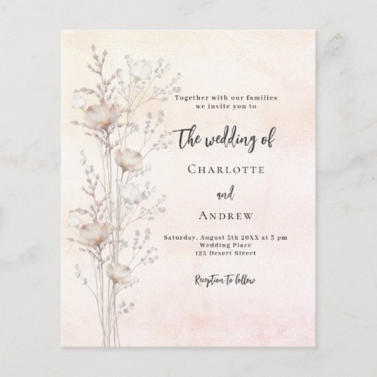 Bruiloft roos gouden wildflower budget uitnodiging (Voorkant)