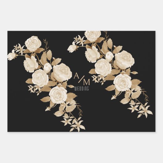 Bruiloft Roos Monogram Zwart Inpakpapier Vel (Voorkant 3)