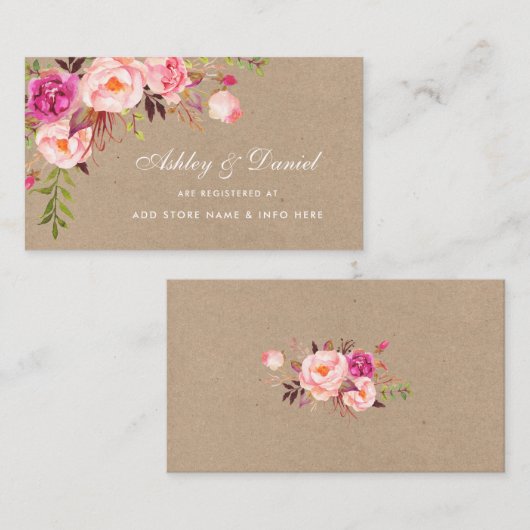 Bruiloft Roze Bloemen Kraft Registry Insert Kaart (Voorkant / Achterkant)